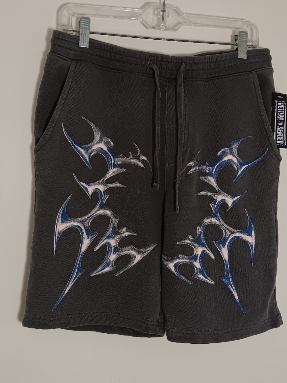 Nothing New Y2K  tribal graphic sweat shorts mens S Faded black blue streetwear